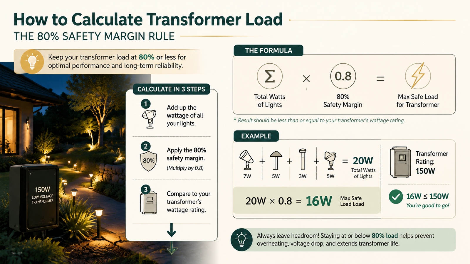 Diagram comparing LED and halogen landscape light wattage on the same low voltage transformer