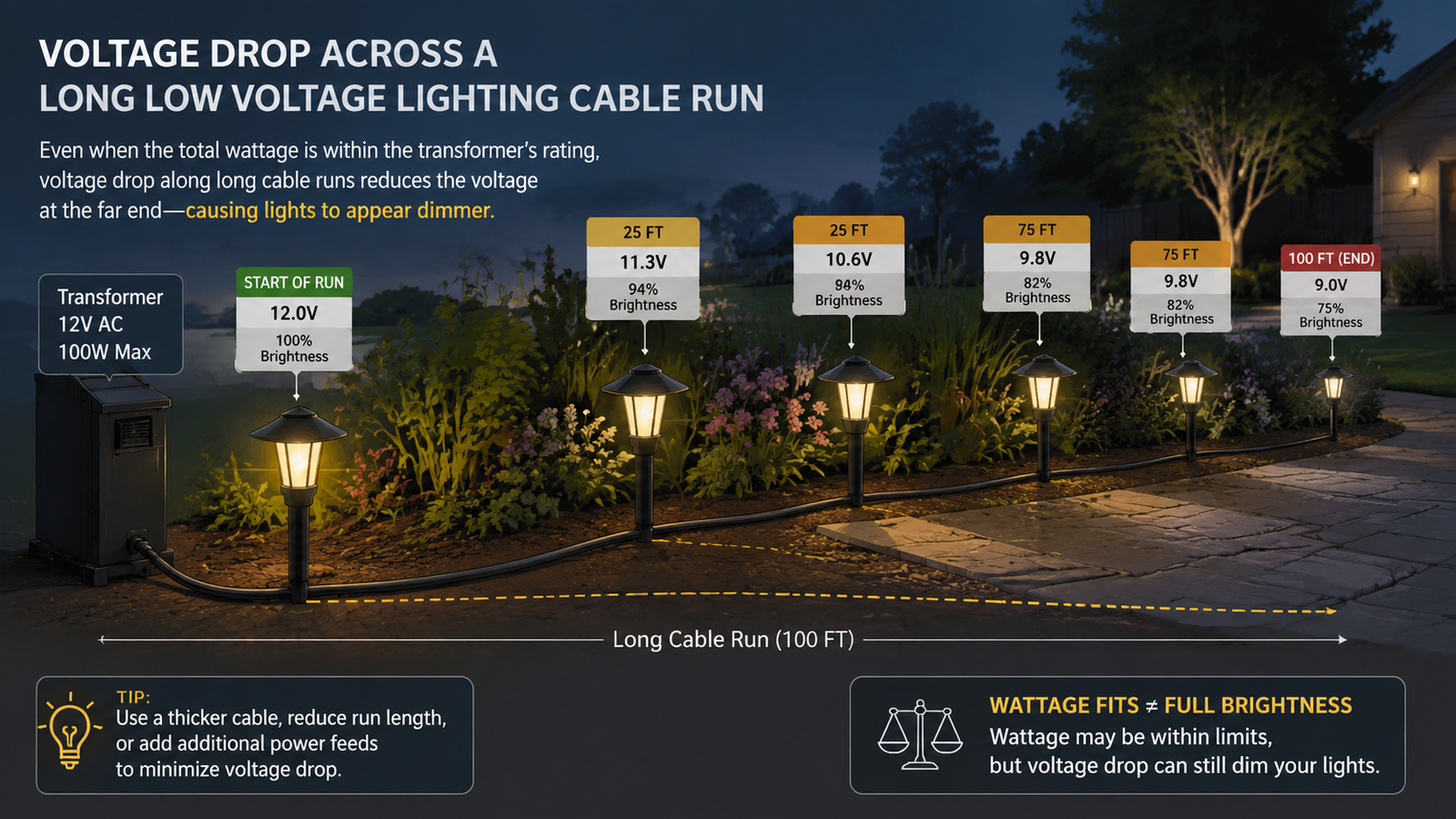 Illustration of voltage drop across a long low voltage lighting cable run