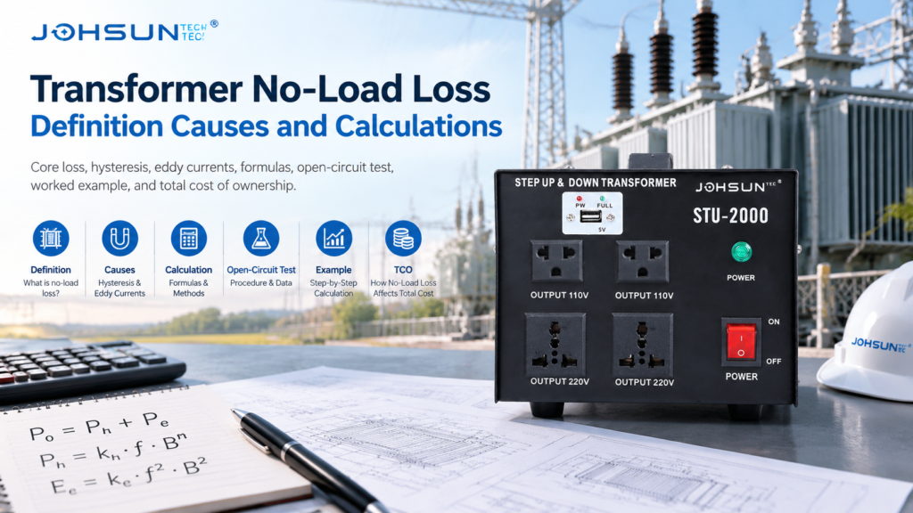Transformer no-load loss cover with hysteresis and eddy current formulas overlaid on a step-up and step-down transformer product photo.