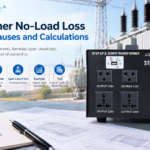 Transformer no-load loss cover with hysteresis and eddy current formulas overlaid on a step-up and step-down transformer product photo.