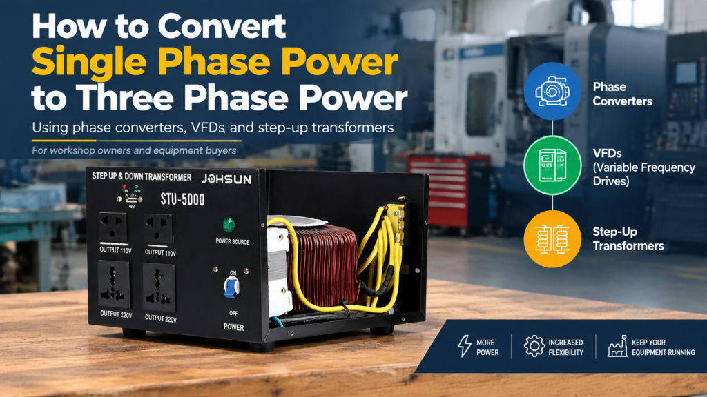 How to convert single phase power to three phase power with phase converters, VFDs and step-up transformers