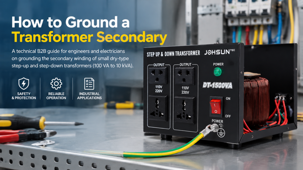 Johsun DT-1500VA step-up and step-down transformer with a green-yellow grounding conductor bonded to the chassis ground stud