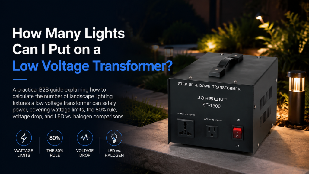 Low voltage transformer installed outdoors at dusk powering a row of garden path lights