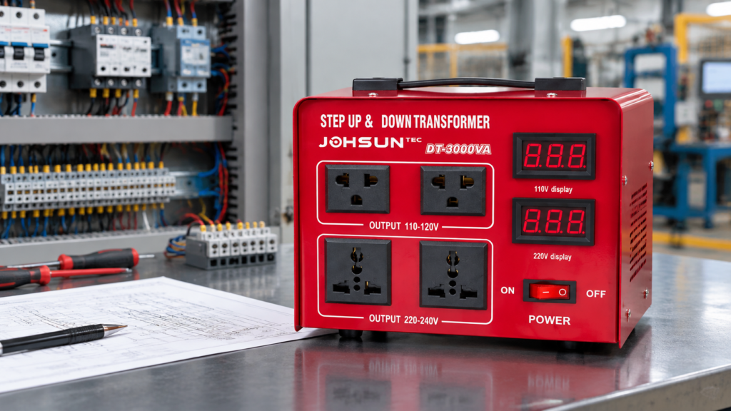 JOHSUN TEC DT-3000VA step-up and step-down transformer on a workbench in an industrial control panel environment