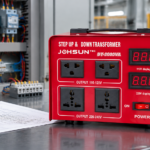 JOHSUN TEC DT-3000VA step-up and step-down transformer on a workbench in an industrial control panel environment
