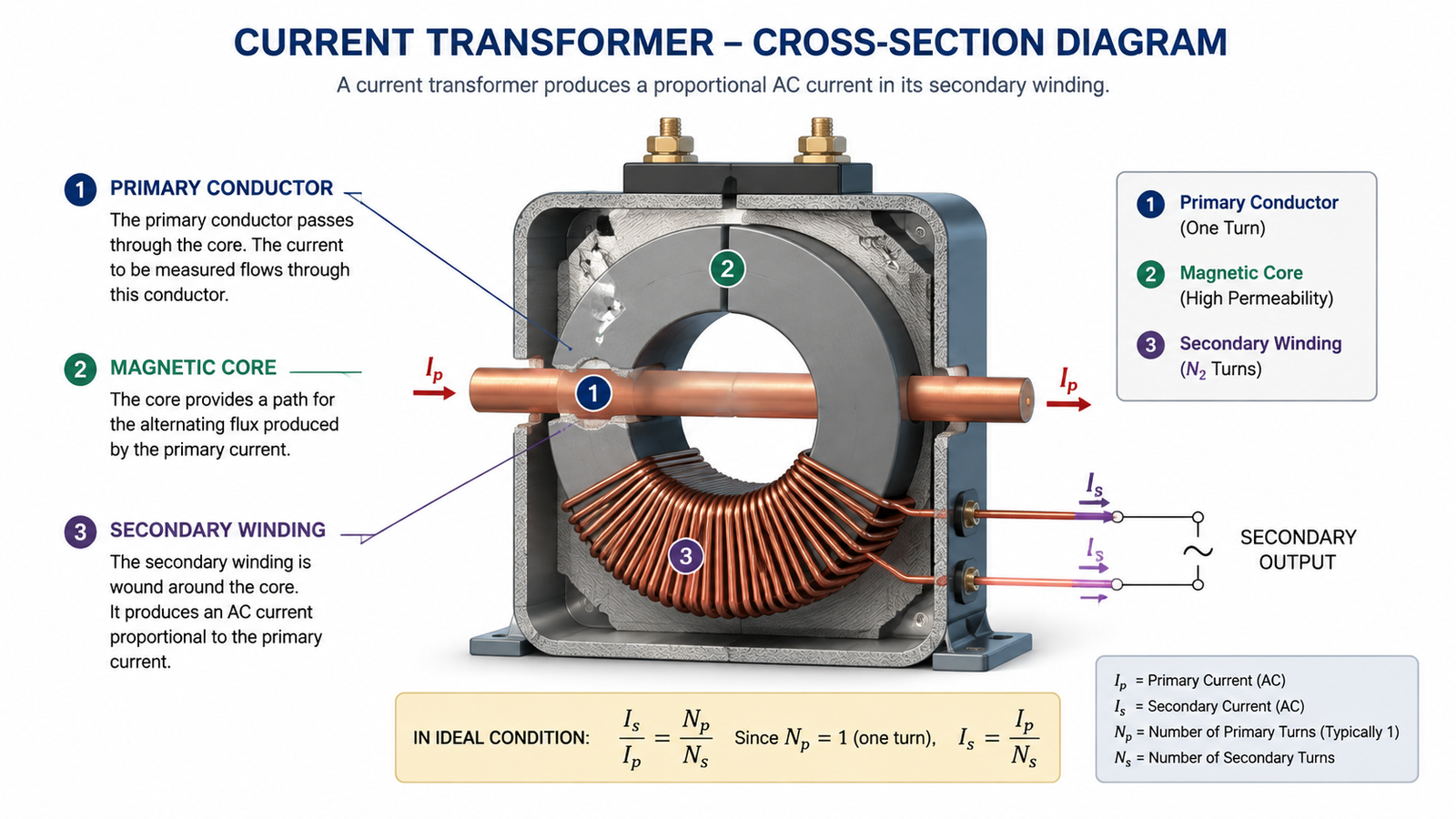 Cross-section diagram of a current transformer showing primary conductor passing through the magnetic core with secondary windings wrapped around it