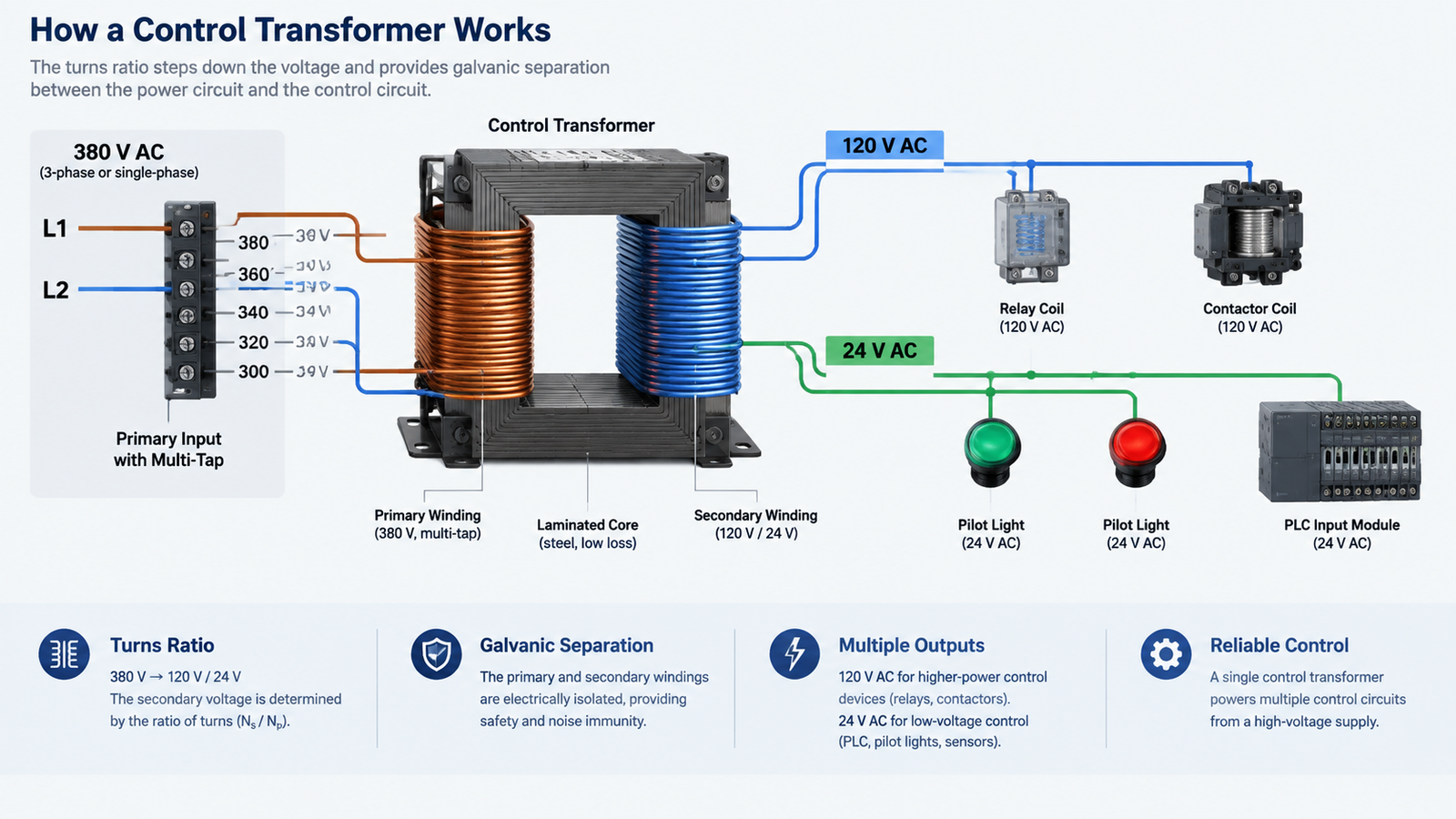 Diagram of a control transformer stepping a 380 V primary supply down to 120 V and 24 V control circuits feeding relays, contactor coils, pilot lights and a PLC