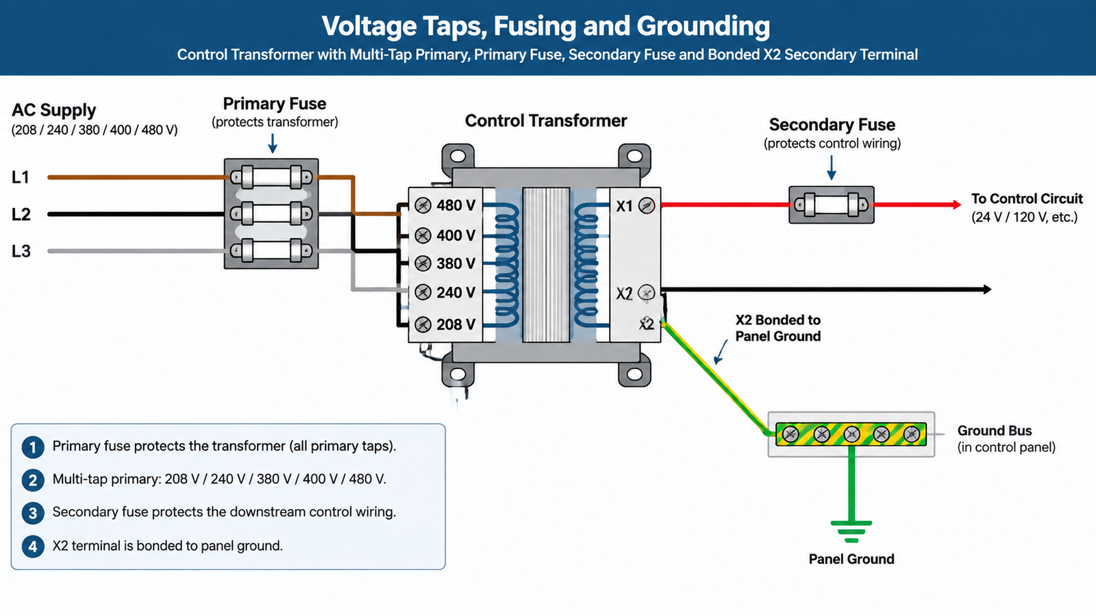 Wiring diagram of a control transformer with multi-tap primary terminals, primary and secondary fuses, and a bonded X2 secondary terminal