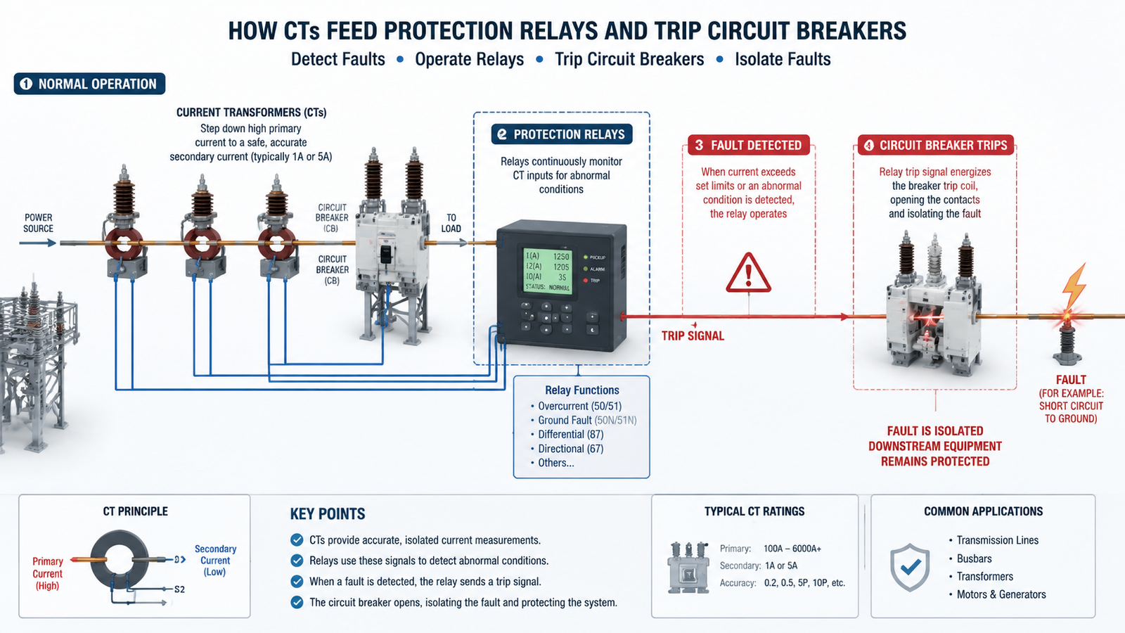 Diagram showing current transformers feeding protection relays that trip circuit breakers during fault conditions in a substation