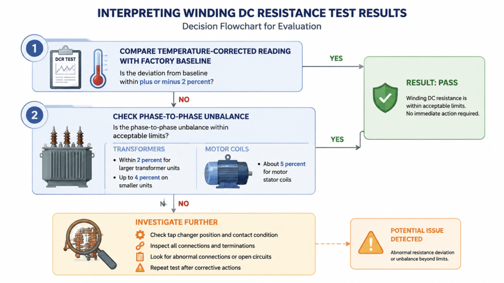 Decision flowchart for interpreting winding DC resistance test results, from baseline comparison through phase unbalance limits to pass or investigate outcomes