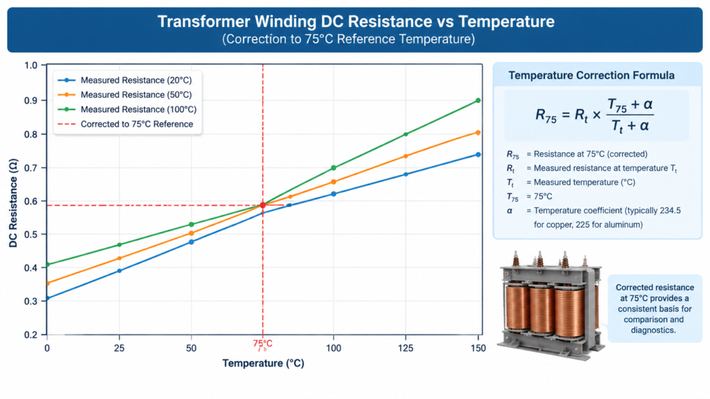 Chart showing transformer winding DC resistance versus temperature with correction lines to a 75 degree Celsius reference temperature