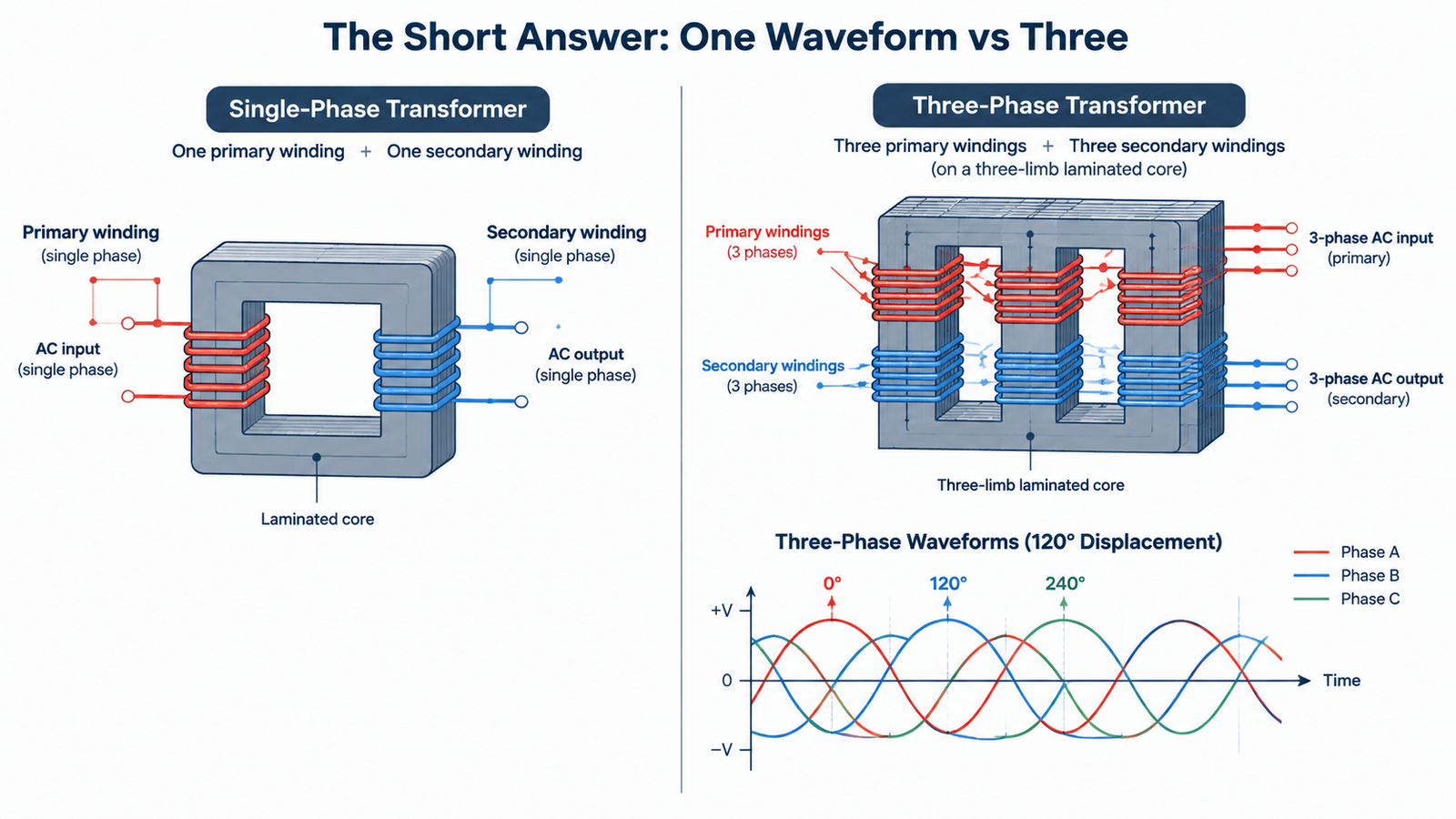 Side-by-side diagram comparing a single-phase transformer with one primary and one secondary winding against a three-phase transformer with three winding sets on a three-limb core, showing three voltage waveforms displaced by 120 degrees