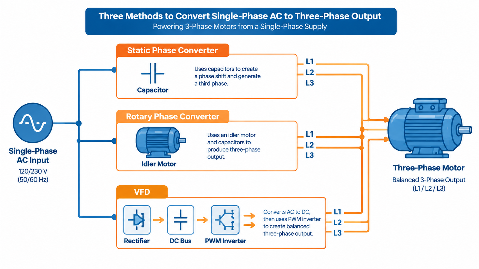 Diagram comparing static, rotary, and VFD methods of converting single phase input to three phase output for industrial motors
