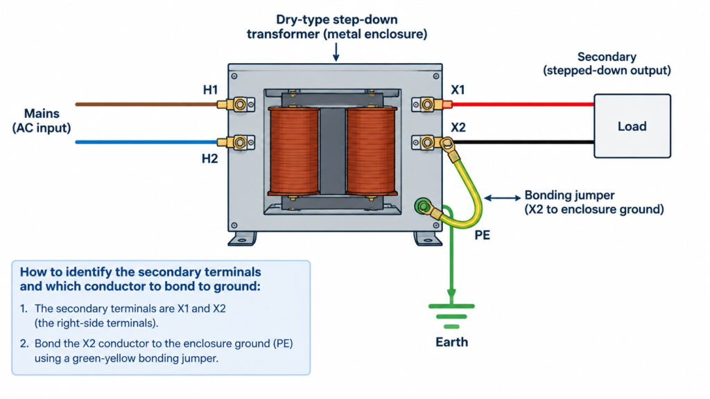 Labeled wiring diagram of a single-phase dry-type step-down transformer showing secondary terminal X2 bonded to the enclosure PE ground stud with a green-yellow jumper