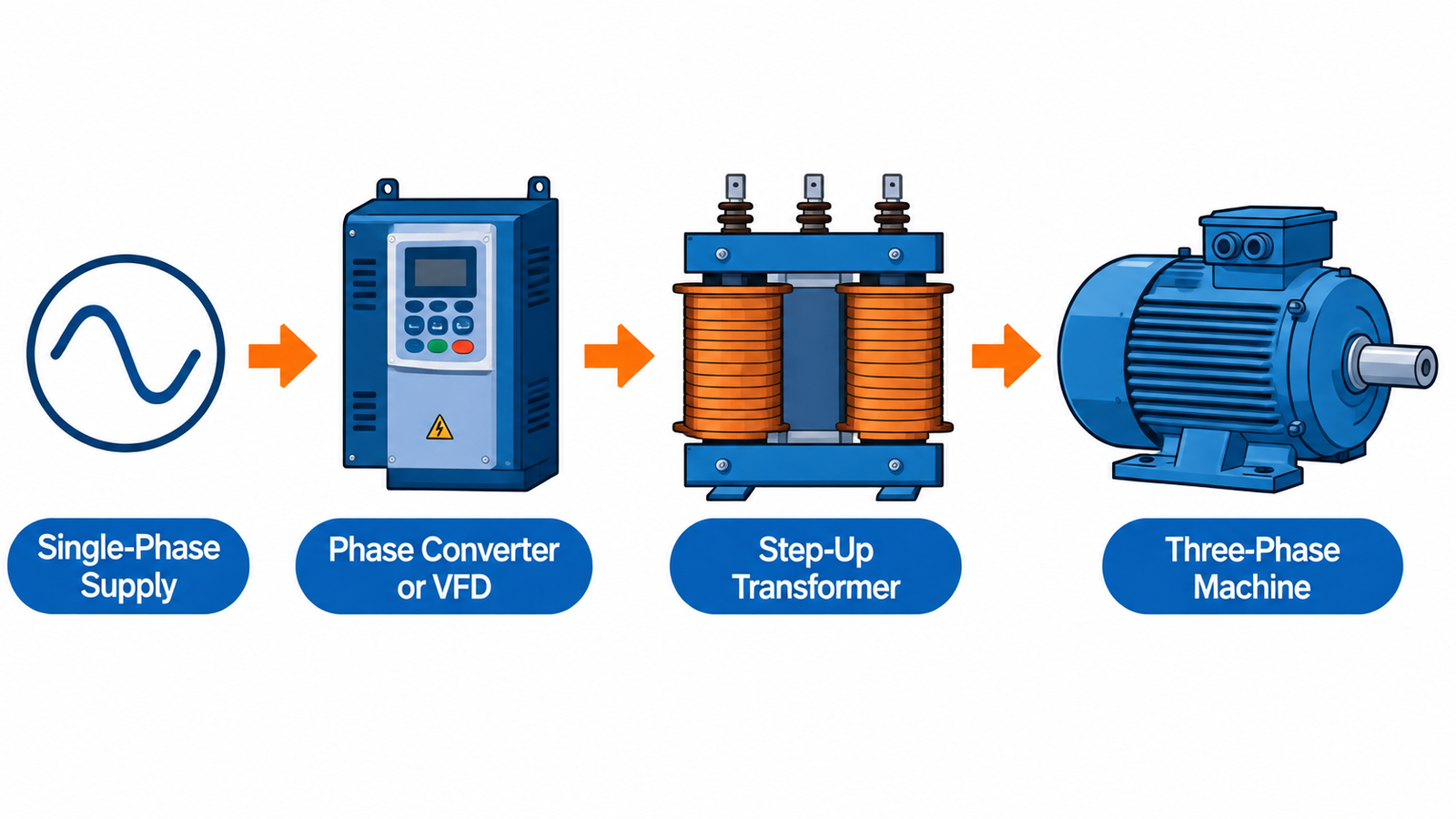 Single phase supply feeding a phase converter and step-up transformer to power a three phase machine at a higher voltage