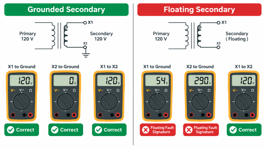 Comparison of voltage-to-ground multimeter readings on a grounded versus floating transformer secondary