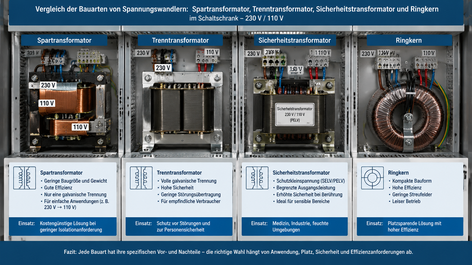 Vergleich von Spannungswandler-Bauarten: Spartransformator, Trenntransformator und Ringkern im Schaltschrank