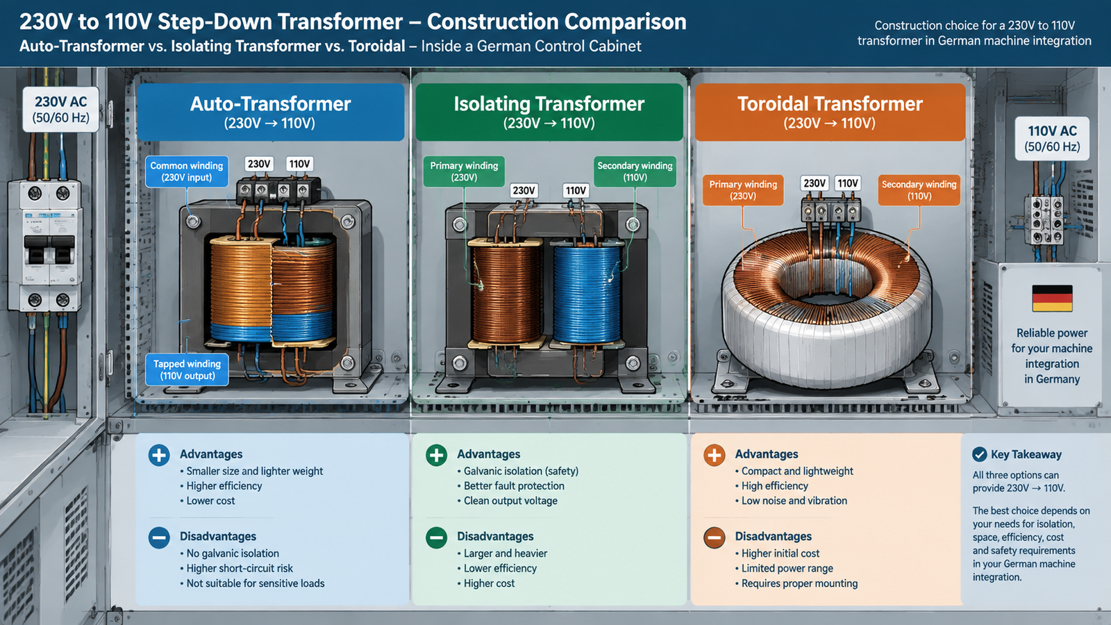 Cutaway comparison of auto-transformer, isolating transformer and toroidal constructions inside a German control cabinet