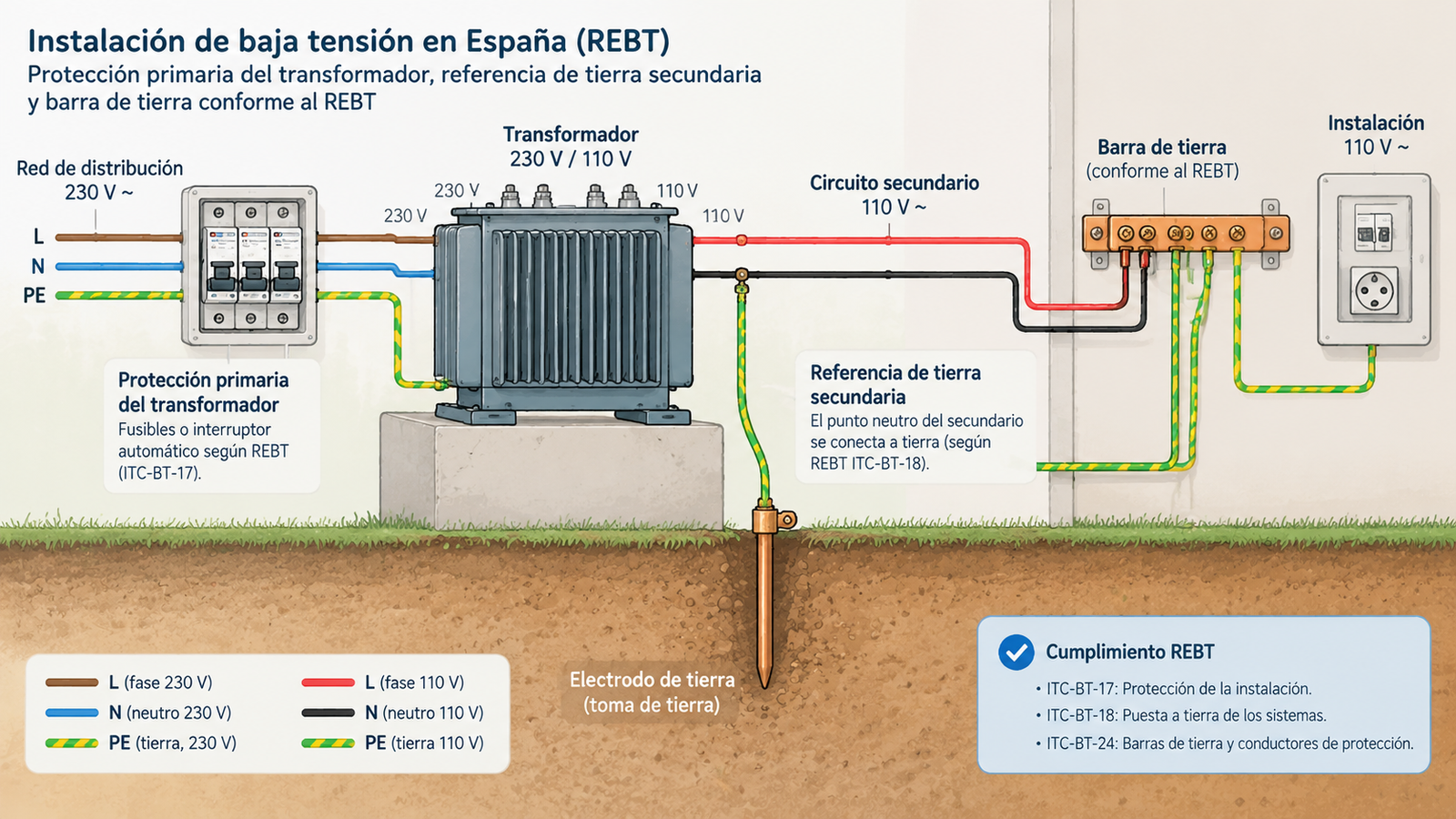 Spanish low-voltage installation with a 230V to 110V transformer, primary protection, secondary earth reference and REBT earthing bar