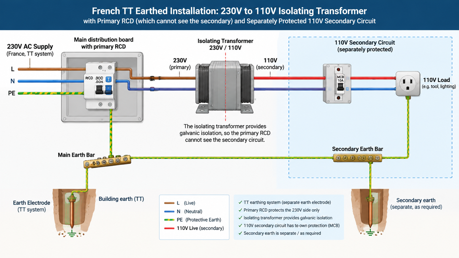 French TT earthed installation with a 230V to 110V isolating transformer, primary RCD and separately protected 110V secondary circuit