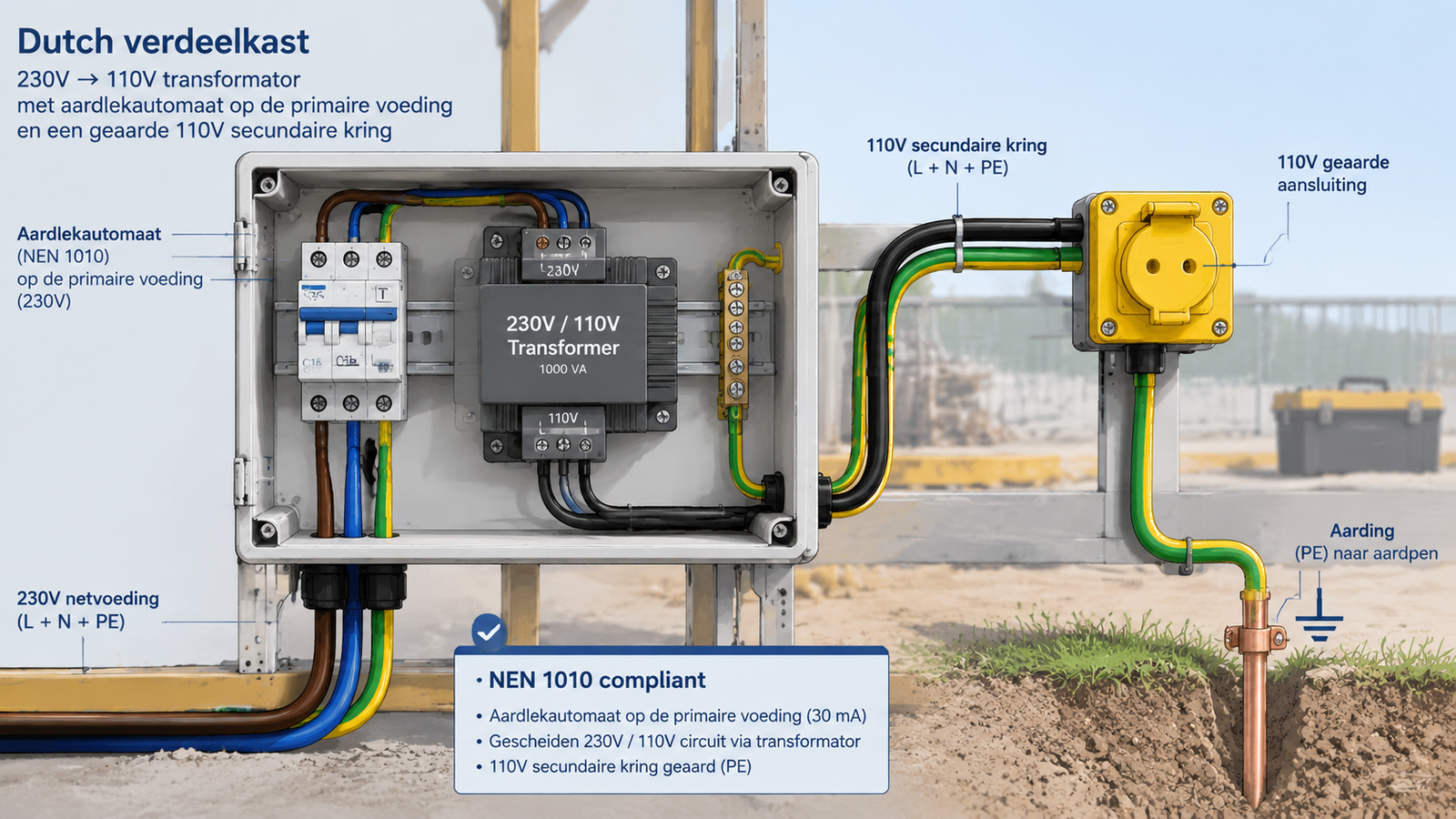 Dutch verdeelkast with a 230V to 110V transformer, aardlekautomaat on the primary feed and an earthed 110V secondary circuit