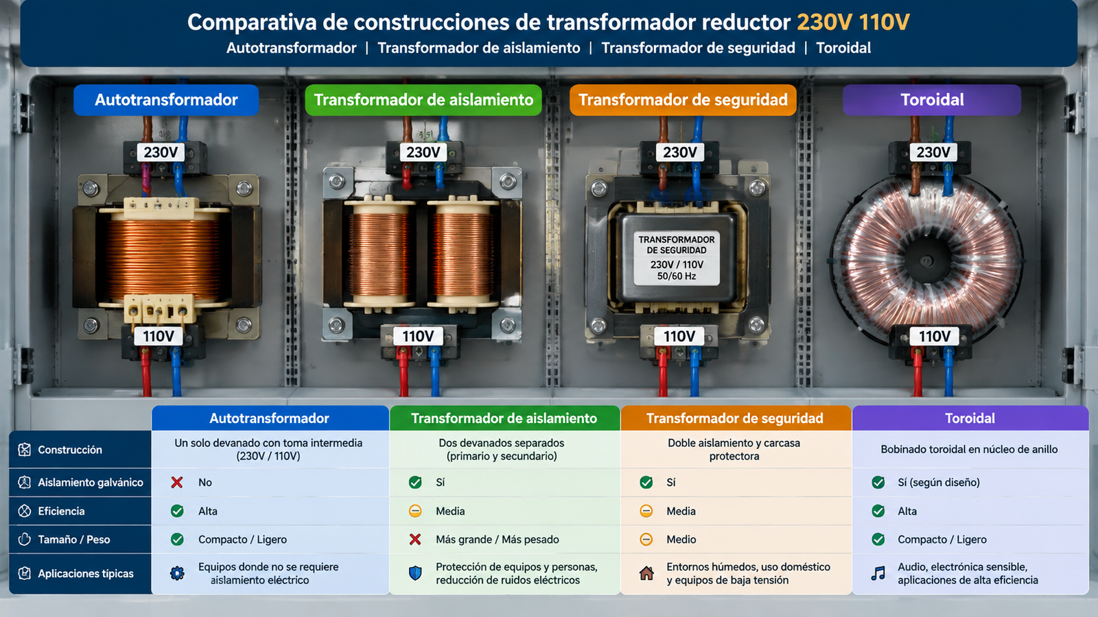 Comparativa de construcciones de transformador reductor: autotransformador, transformador de aislamiento y toroidal en un cuadro eléctrico