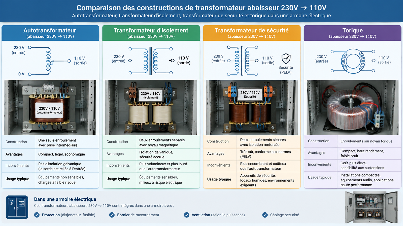 Schéma comparatif des constructions de transformateur abaisseur : autotransformateur, transformateur d'isolement et torique en armoire électrique