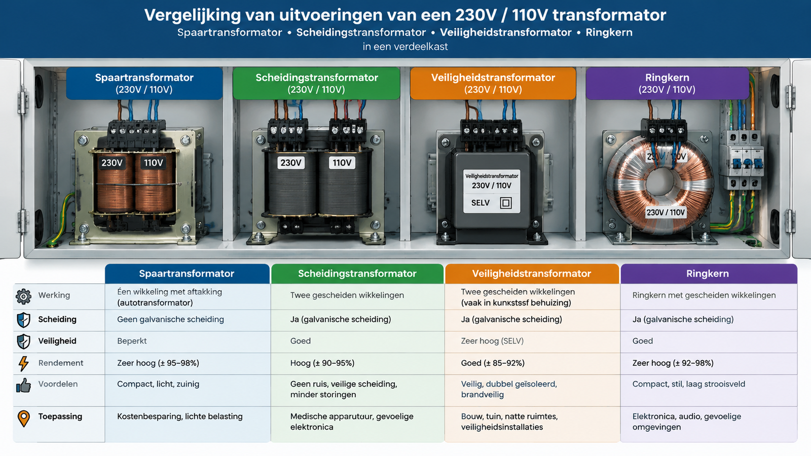 Vergelijking van uitvoeringen van een 230V 110V transformator: spaartransformator, scheidingstransformator en ringkern in een verdeelkast