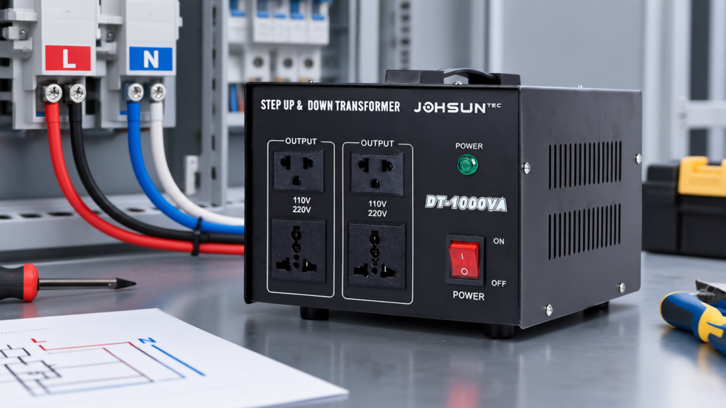 DT series step-up and step-down transformer connected with live and neutral wires correctly identified on the input terminals