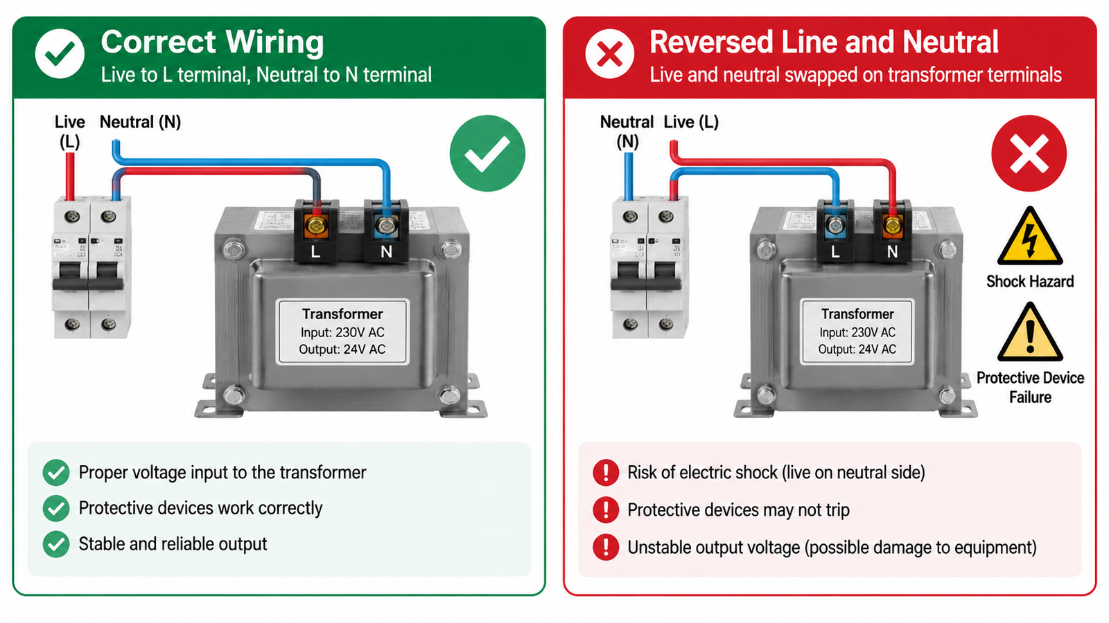 Comparison of correct transformer wiring versus reversed line and neutral wiring, showing shock hazard and protective device failure on the reversed side