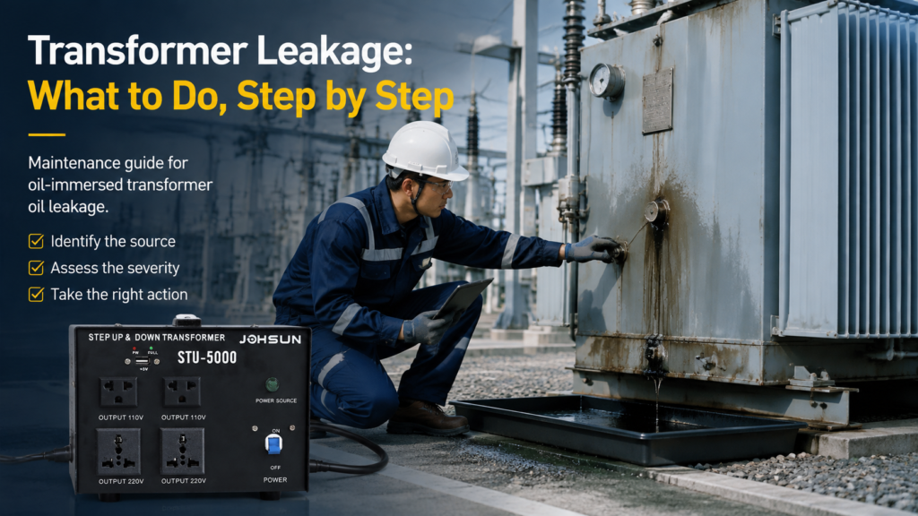 Engineer inspecting a leaking oil-immersed transformer with a drip pan and STU-5000 control unit nearby