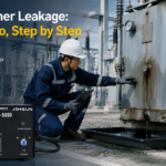 Engineer inspecting a leaking oil-immersed transformer with a drip pan and STU-5000 control unit nearby