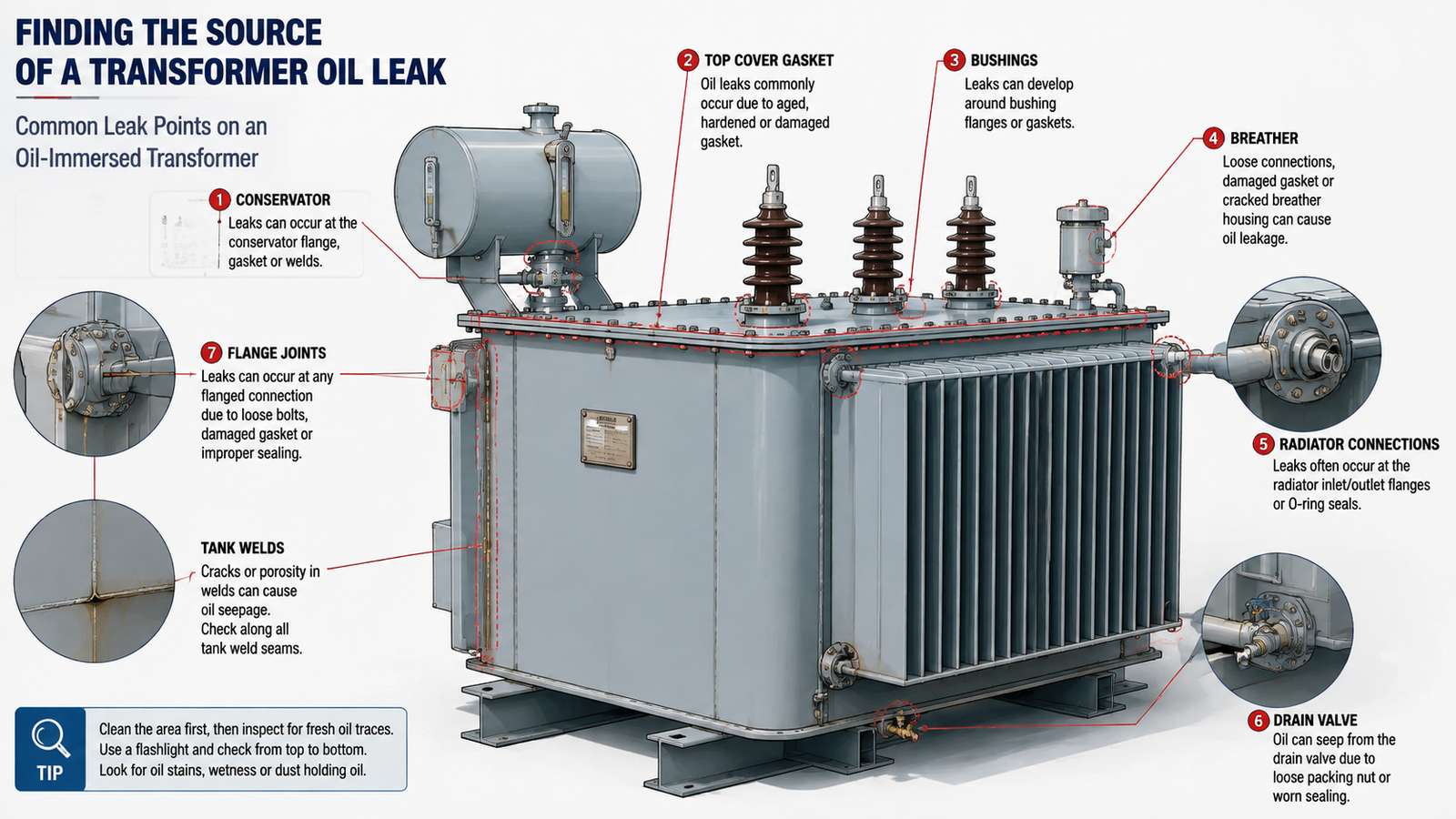 Annotated diagram showing seven common oil leak points on an oil-immersed transformer: conservator, top cover gasket, bushings, breather, radiator connections, drain valve, flange joints and tank welds