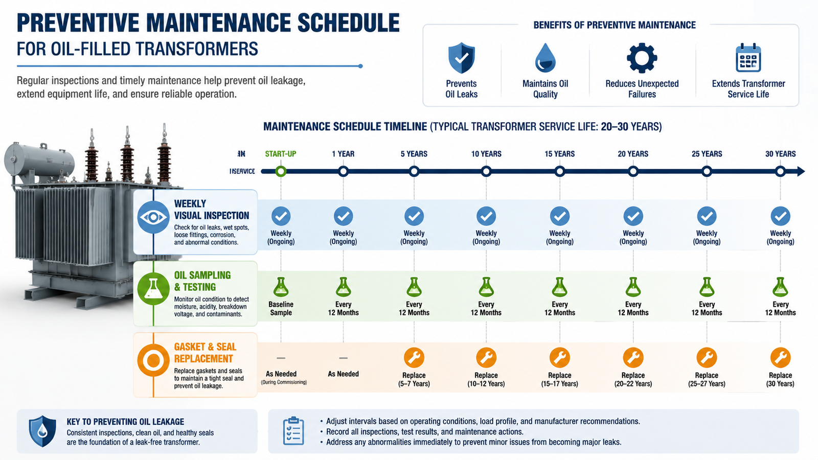 Preventive maintenance schedule for oil-filled transformers showing weekly visual inspection, oil sampling and testing, and gasket replacement intervals across a 20-30 year service life