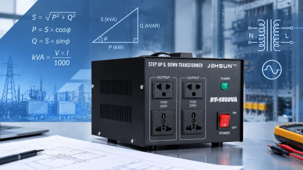 Modern step-up and step-down voltage transformer DT-1500VA with formula and power triangle motifs in the background