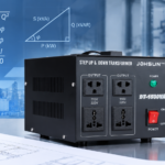 Modern step-up and step-down voltage transformer DT-1500VA with formula and power triangle motifs in the background