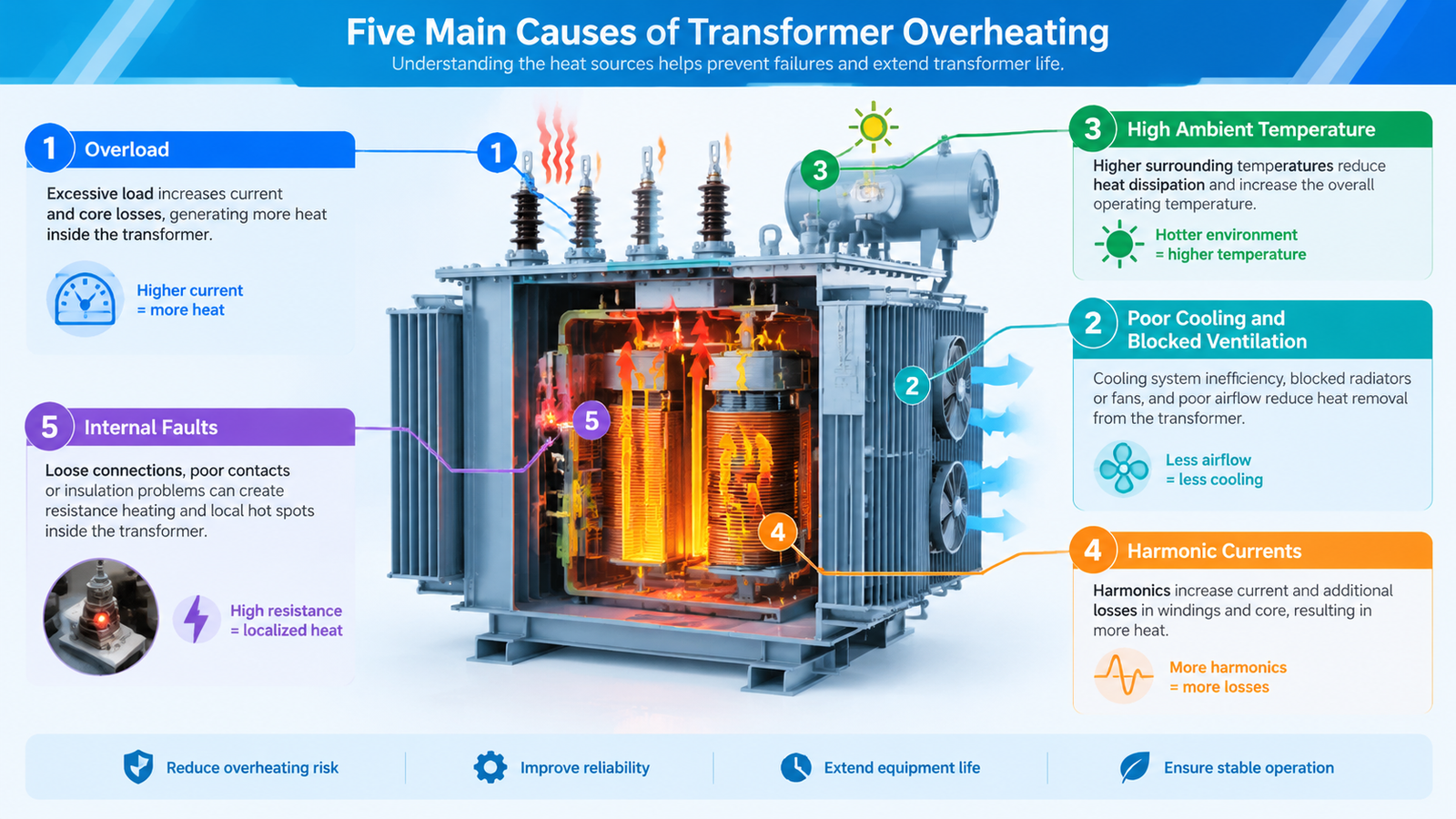 Diagram showing the main causes of transformer overheating inside a power transformer