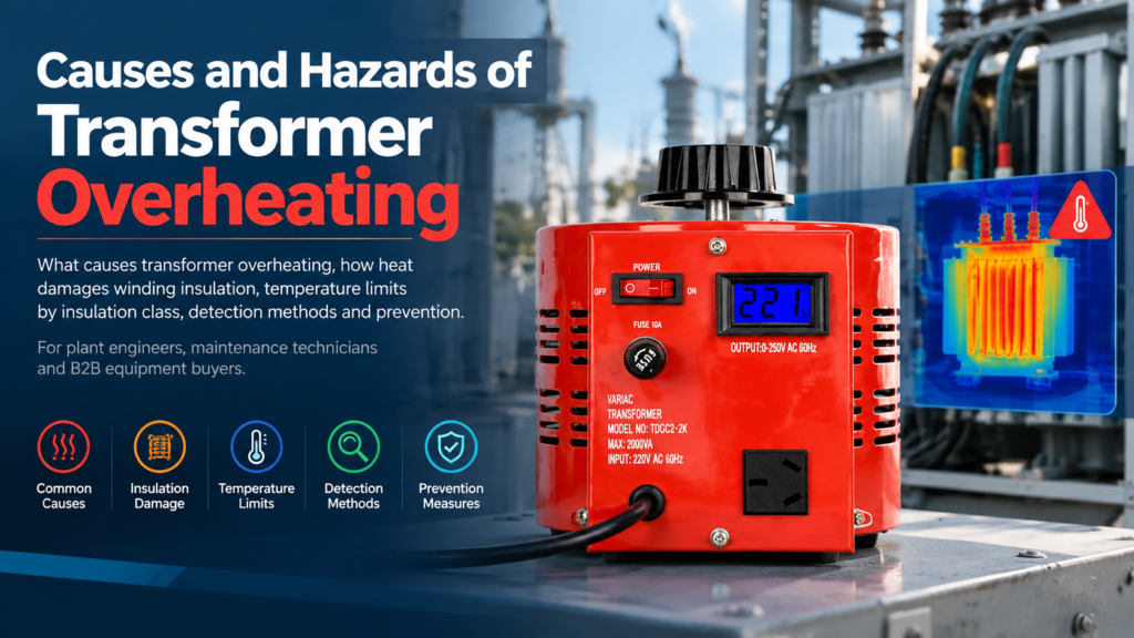 TDGC2J red variac transformer on an industrial site with five labeled overheating topics