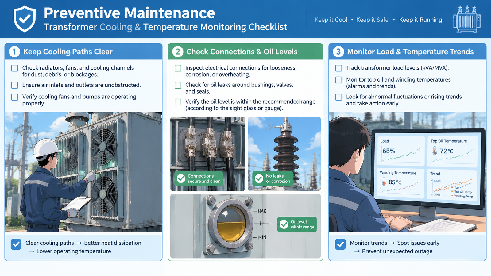 Preventive maintenance checklist for transformer cooling and temperature monitoring