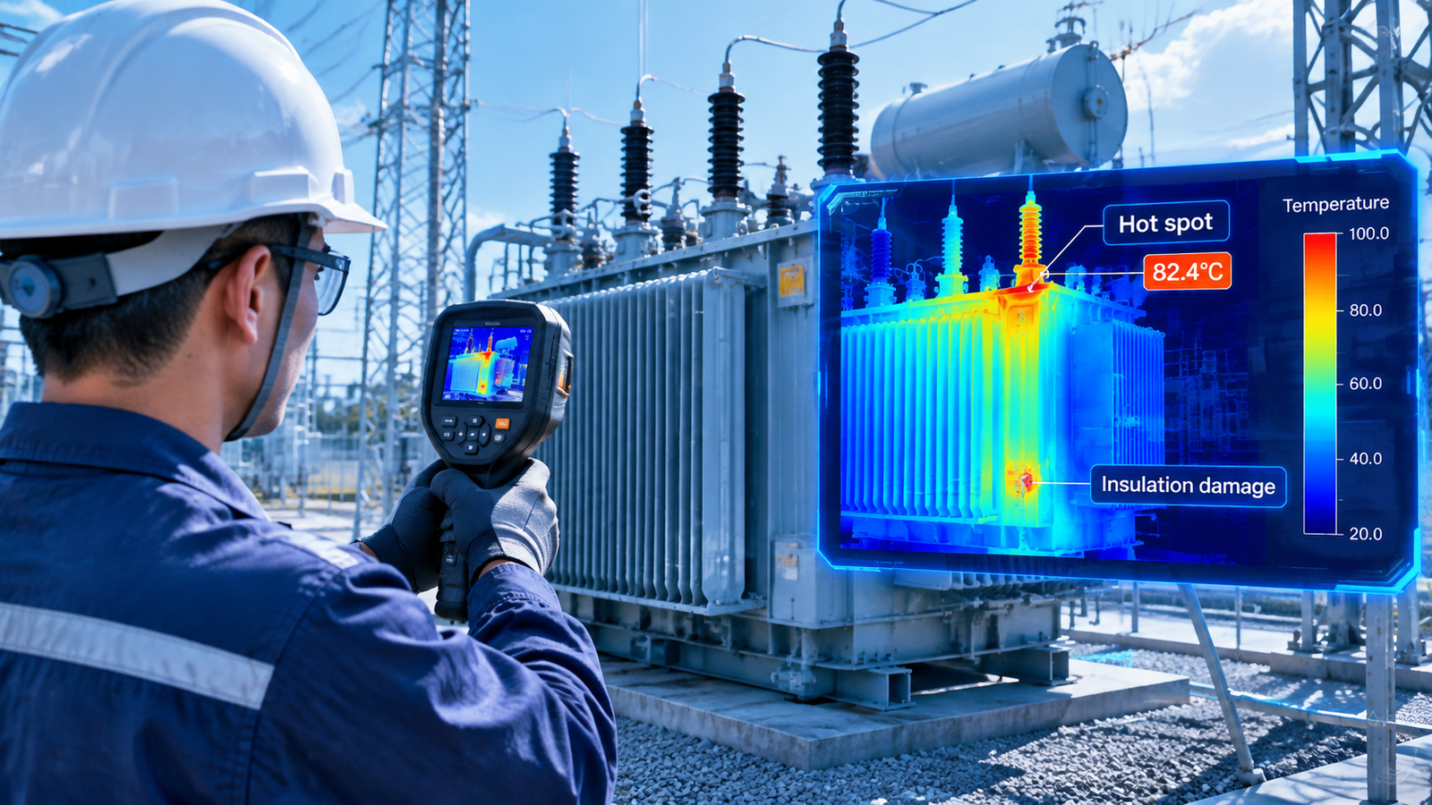 Thermal imaging camera scanning a transformer for hot spots during maintenance