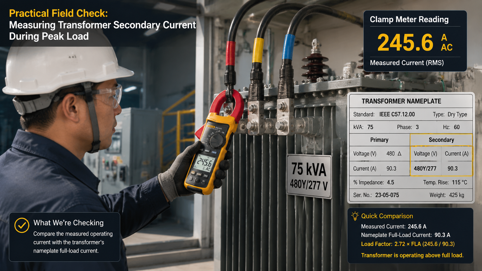 Clamp meter measuring current on a transformer secondary conductor during peak load