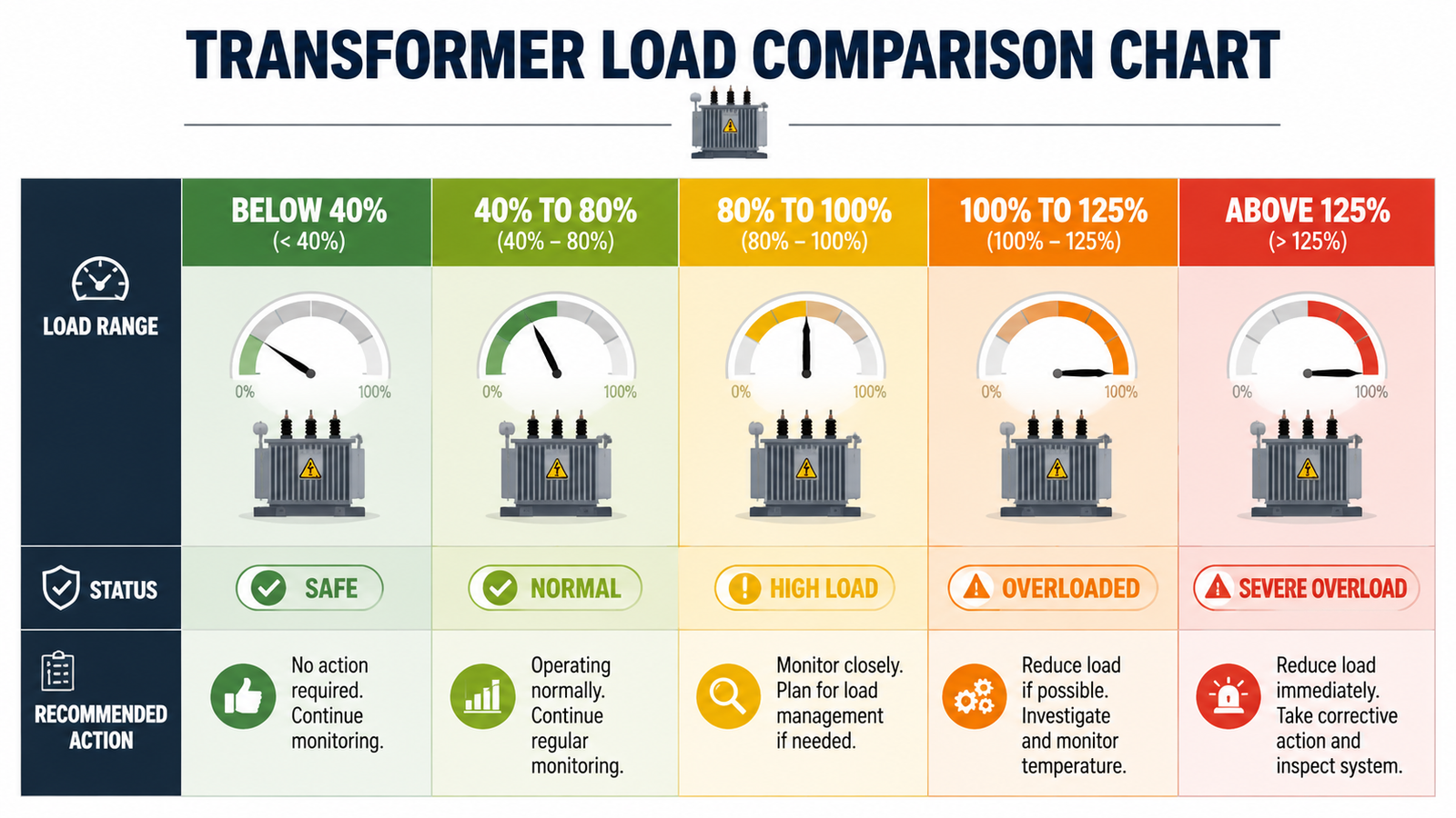 Transformer load comparison chart showing safe, high, and overload ranges