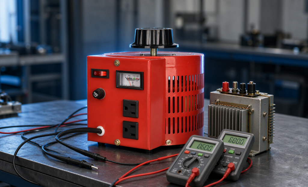 Variac and low voltage transformer turns ratio test setup with two multimeters on a workbench