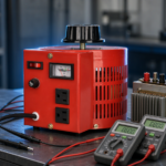 Variac and low voltage transformer turns ratio test setup with two multimeters on a workbench