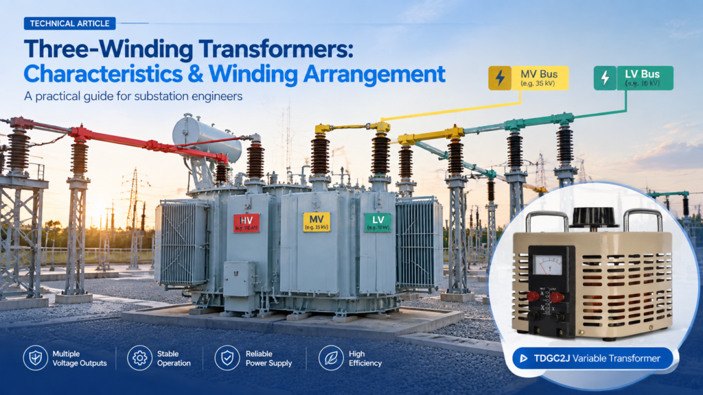 Three-winding power transformer in a substation feeding two different voltage buses, with TDGC2J variable transformer as product reference