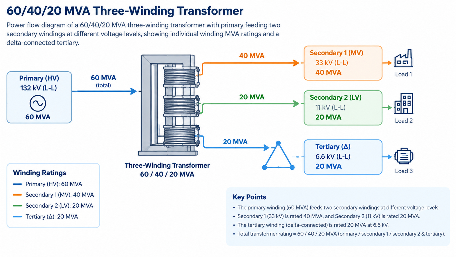 Power flow diagram of a 60/40/20 MVA three-winding transformer showing the primary feeding two secondary windings at different voltages with individual winding ratings
