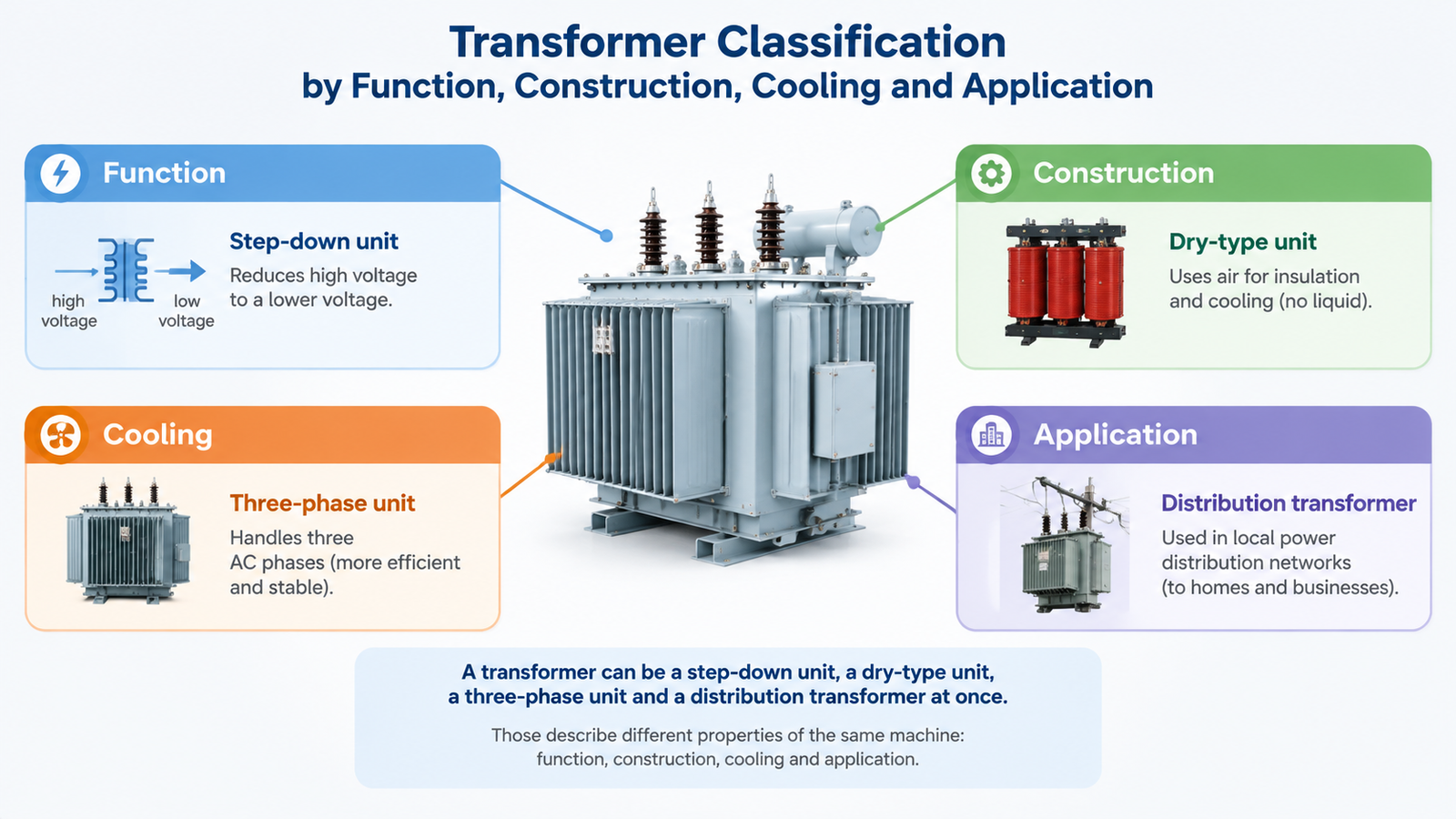 Diagram showing transformer classification by function, construction, cooling and application