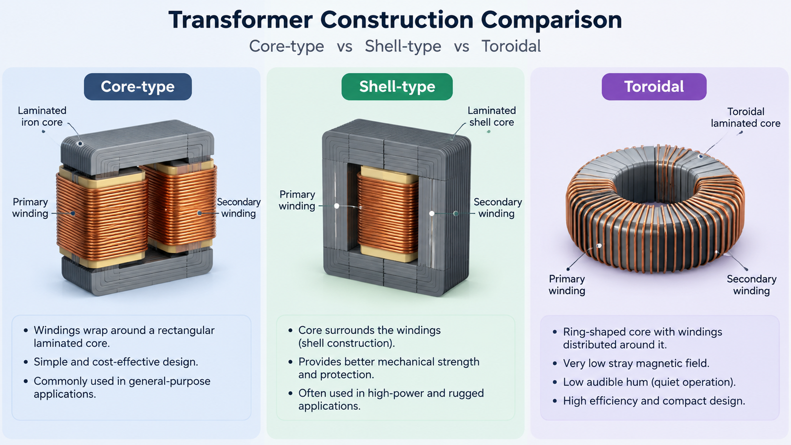 Cutaway comparison of core-type, shell-type and toroidal transformer construction