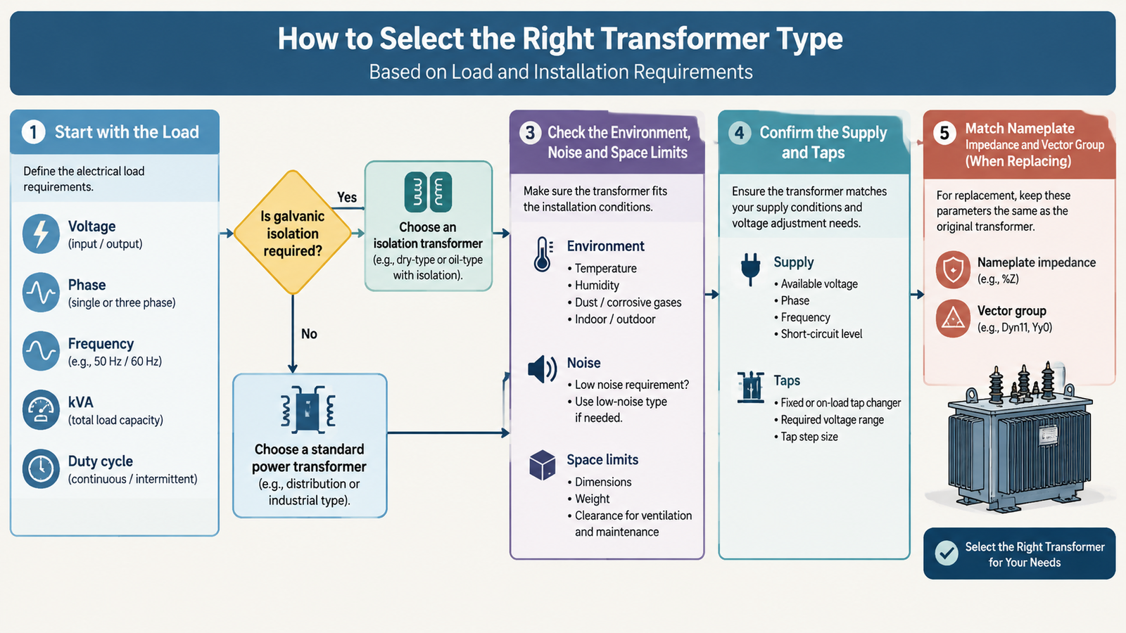 Decision flowchart for selecting the right transformer type from load and installation requirements