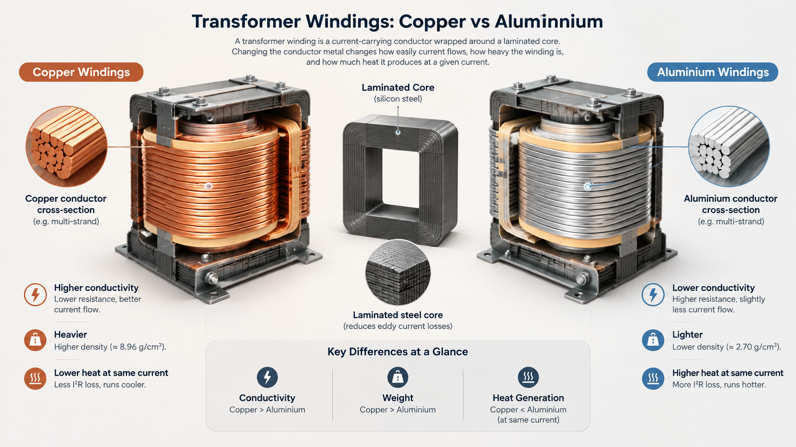 Cutaway comparison of copper and aluminium transformer windings showing conductor cross-section and core assembly